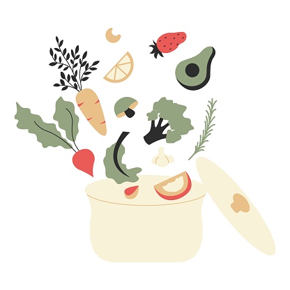 Vegetables and fruits in a pot. Vector illustration in flat style with combating climate change theme. Editable vector illustration.