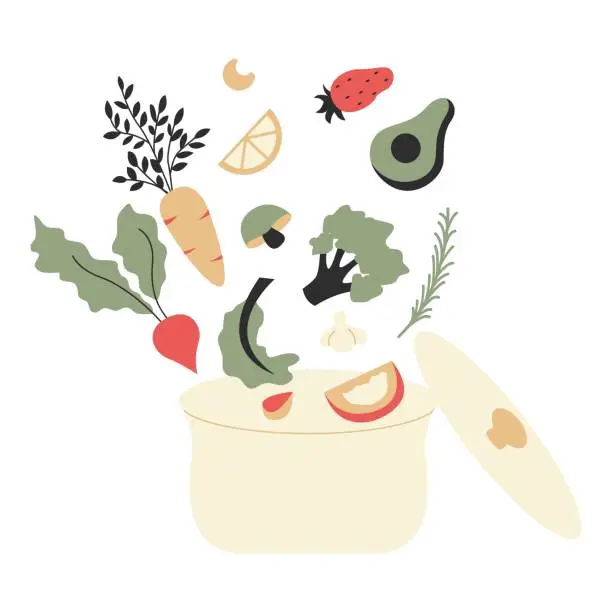 Vector illustration of Vegetables and fruits in a pot. Vector illustration in flat style with combating climate change theme. Editable vector illustration.