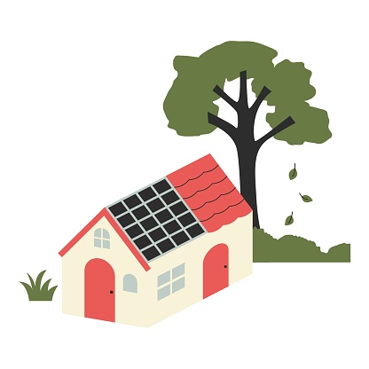 House with solar panels on the roof and tree. Vector illustration in flat style with combating climate change theme. Editable vector illustration.