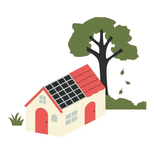 Vector illustration of House with solar panels on the roof and tree. Vector illustration in flat style with combating climate change theme. Editable vector illustration.