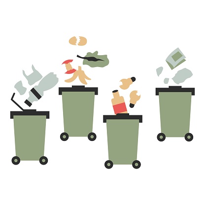 Garbage bin with trash and waste. Waste separation. Vector illustration in flat style with combating climate change theme. Editable vector illustration.