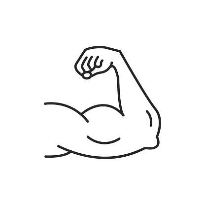 Arm muscle strong vector power bicep line icon. Strength arm muscular gym.