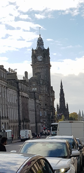 Old stone buildings on a street, Princes Street, Edinburgh Scotland England UK