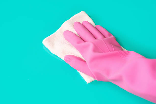 istock Female hand in pink glove wipes mint surface with rag. 2028823572