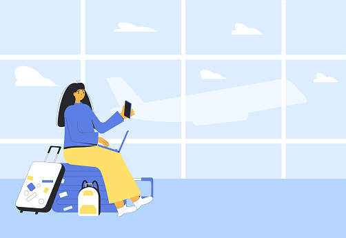Young woman sitting on the suitcase at the airport and working with laptop and phone waiting for a flight. Business trip abroad. Vector illustration.