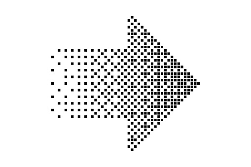 Black fading halftone right arrow in pixel art style on a white background. Retro video game pointer and forward button on the player. Vintage 8 bit symbol