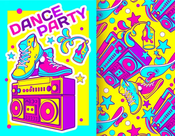 Vector illustration of Funky cartoon template for party, Festival, Event, Club Flyer, Invitation, Poster, web banner. 80s-90s pop style. Retro hit concept