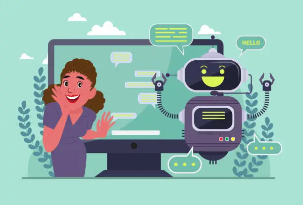 Vector illustration of AI chatbot - Woman interacts with AI chatbot, modern communication concept