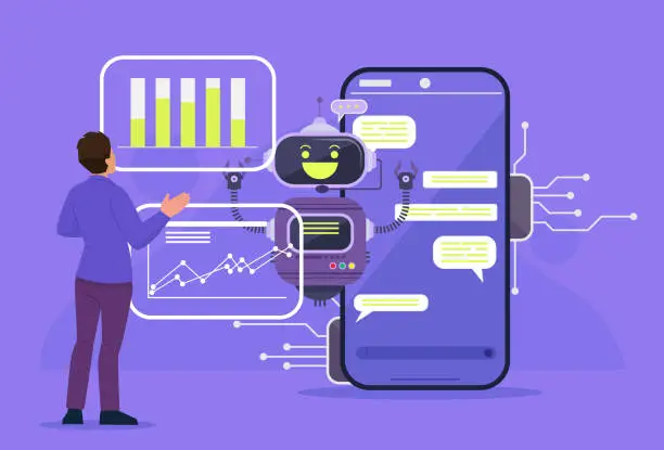 Vector illustration of AI chatbot - Businessman Engages with AI Chatbot, Business Trends Discussion