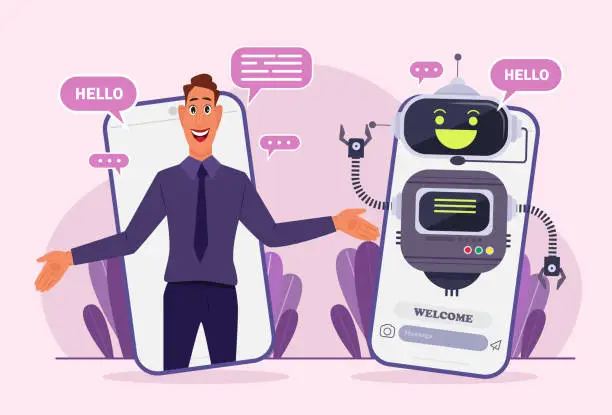 Vector illustration of AI chatbot - Man interacts with AI chatbot, modern communication concept