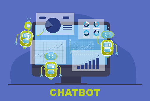 AI Chatbot - Unlock business planning insights with AI chatbot's database of trends and data analysis. Futuristic technology concept. AI Transforming Industries and customer service.