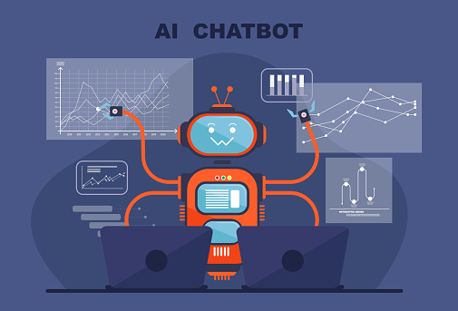 AI Chatbot - Unlock business planning insights with AI chatbot's database of trends and data analysis. Futuristic technology concept. AI Transforming Industries and customer service.