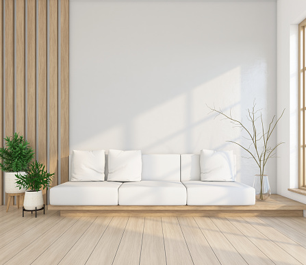 Minimalist living room decorated with japan style sofa and indoor plant, white wall and wood slat wall. 3d rendering