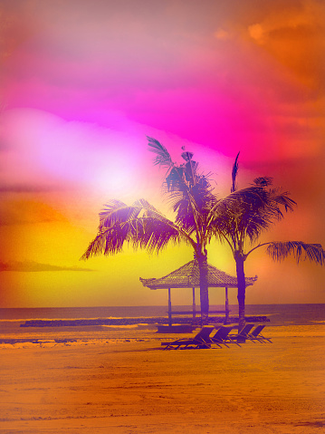 Beauty beach nature. Travel card. Vintage coloring effect. Sanur beach, Bali, Indonesia.