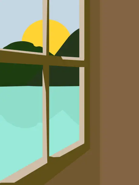Vector illustration of Vector illustration of a sunset view of the sea and mountains from a window, illustration in a modern minimalist style