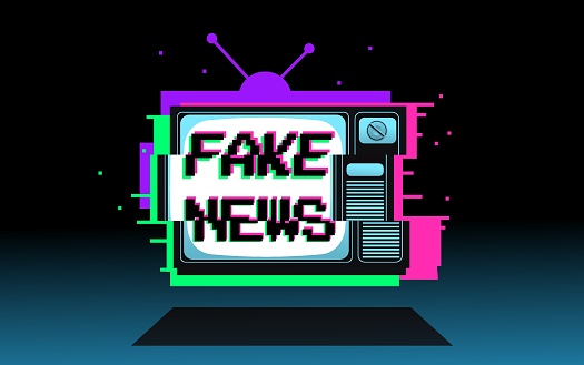 TV set with glitch effect and words fake news on a screen. Media manipulation, desinformation concept. Vector illustration.
