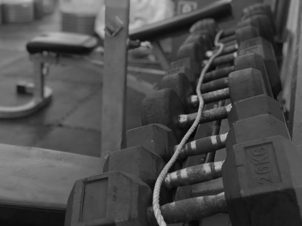 Closeup view of dumbbells on the rack in the gym on board a ship at sea