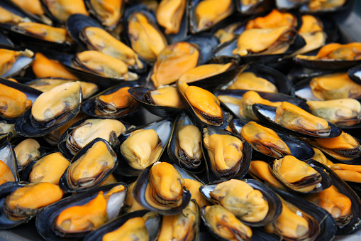 A display of fresh mussels for sale at a fish market.