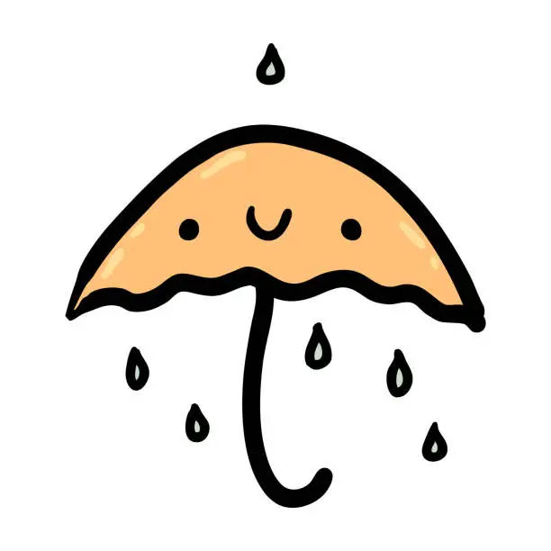 Vector illustration of Happy umbrella and rainy drops hand drawn isolated vector illustration. Perfect design for posters, cards, stickers, print.