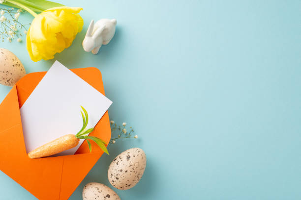 istock Easter preparation scene, featuring top view of envelope addressed to Easter bunny, eggs, fresh carrot, delicate gypsophila, vibrant tulip on soft blue backdrop, leaving space for your message or ad 2028993374