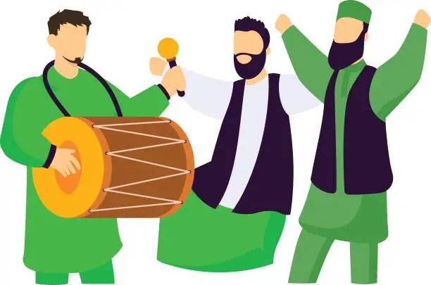 Vector illustration of Boys dancing on dhol beat celebrating Azaadi concept, Energetic Musical show vector design, yaum-e-pakistan Symbol, Islamic republic or resolution day Sign 23 March national holiday stock illustration