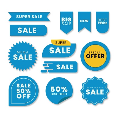 Set of vector blue starburst, sunburst badges. Simple flat style vintage labels, stickers with sale discount text. Sale quality tags and labels. Template banner shopping badges