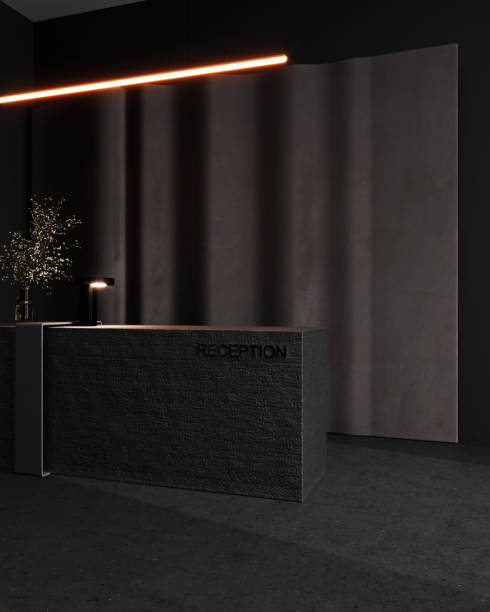 istock Luxury, contemporary dark hall interior with concrete reception desk in hotel with plastered panel, fitness center, spa, beauty salon, front desk, 3d rendering 2028996114