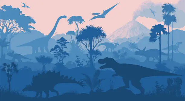 Vector illustration of vector tropical forest with Stegosaurus, Tyrannosaurus, triceratops, Parasaurolophus,  Brachiosaurus and pterodactyl