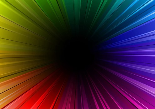 Colorful exploding rainbow rays of light fun comic book action zoom blast explosion vector illustration on bright black background. Pride community colors.