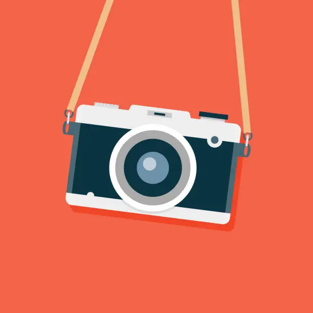 Vector illustration of Vector retro camera strap illustration. Vintage photo flat retro camera old isolated icon hipster device.