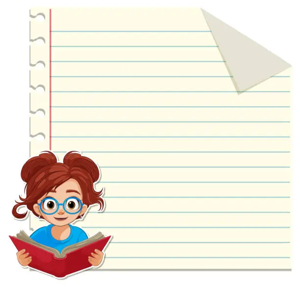 Vector illustration of Cartoon girl reading a book on lined paper
