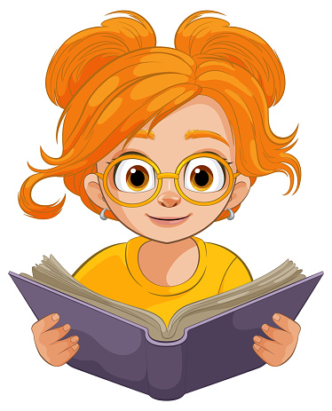Illustration of a girl reading a book intently