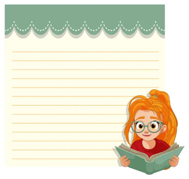 Vector illustration of Cartoon girl with glasses reading a book