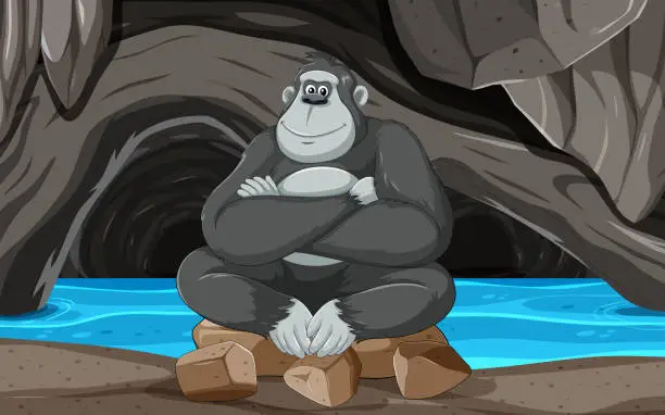 Vector illustration of Smiling gorilla sitting by a serene blue river