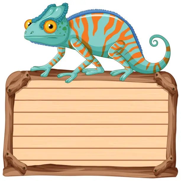 Vector illustration of Colorful chameleon perched on a blank wooden sign.