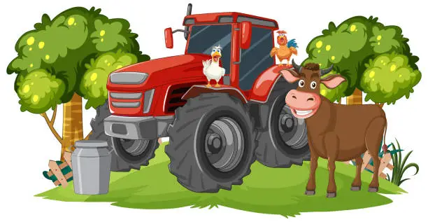 Vector illustration of Cartoon farm animals with a red tractor outdoors