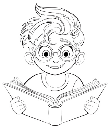 A young boy with glasses reading a book intently