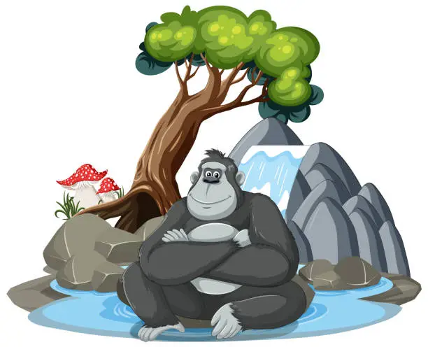 Vector illustration of A happy gorilla sitting by water under a tree