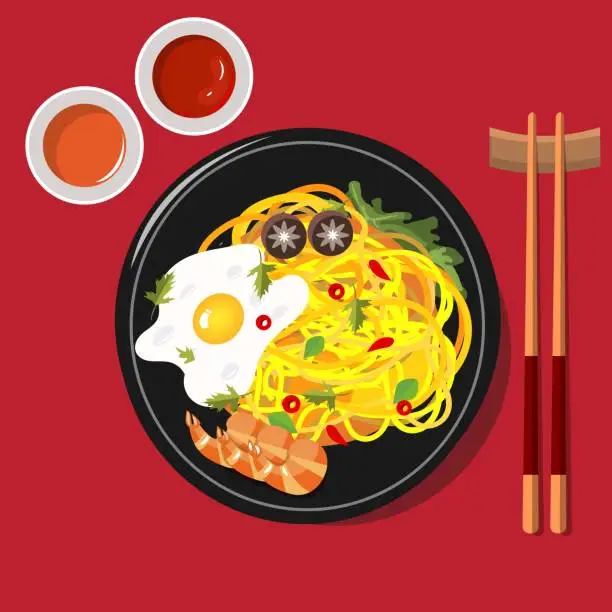Vector illustration of illustration of noodles with fried prawns, fried egg on black plate
