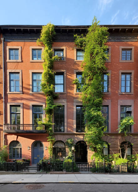 storici condomini ricoperti di vite sulla 9th street nel quartiere greenwich village di new york city - ivy brick wall vine foto e immagini stock