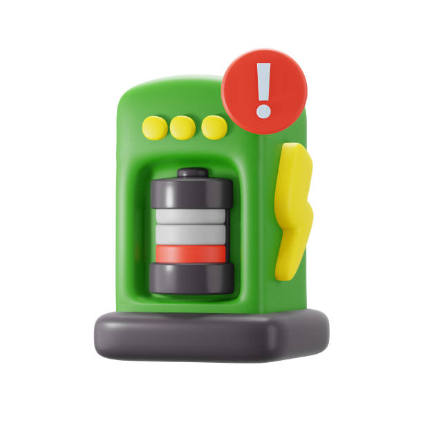 Low empty battery docked on power supply charging station 3d icon illustration render design