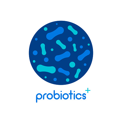 Probiotic bacteria logo. Bifidobacteria lactobacillus gut acidophilus. Lactic prebiotic healthy flora care.