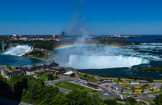 Niagara falls city, Canada and USA - Jul. 23, 2015: Overlooking the Niagara falls from Marriott Fallsview Hotel.