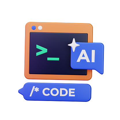 code editor screen window app with ai chatbot copilot coding assistant 3d render icon illustration design