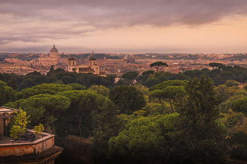 Early morning view looking over parasol pines towards Vatican City and Rome.