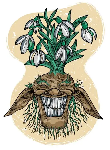 Vector illustration of Hand drawn colorful vector illustration with engraved funny demon or gnome face as root of beautiful spring flower of Galanthus