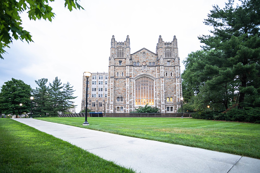 New Haven, Connecticut, United States - July 30, 2023: Gothic architecture is in abundance on the old campus of Yale University in New Haven, Connecticut