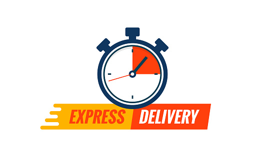 Express delivery service logo. Fast time delivery order with stopwatch. Quick shipping delivery icon.