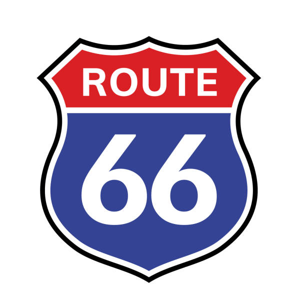 66 route sign icon. Vector road 66 highway interstate american freeway us california route symbol 66 route sign icon. Vector road 66 highway interstate american freeway us california route symbol. road sign ahead stock illustrations
