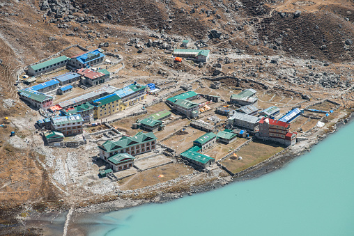 Gokyo village is a beautiful and scenic village located in the Solu-Khumbu region of Nepal seen from Gokyo Ri mountain.